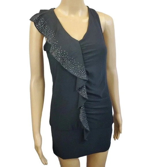 CANTATA Black Short Sleeve Ruffle Sparkle Sash Detail dress size M Bodycon - Picture 1 of 7